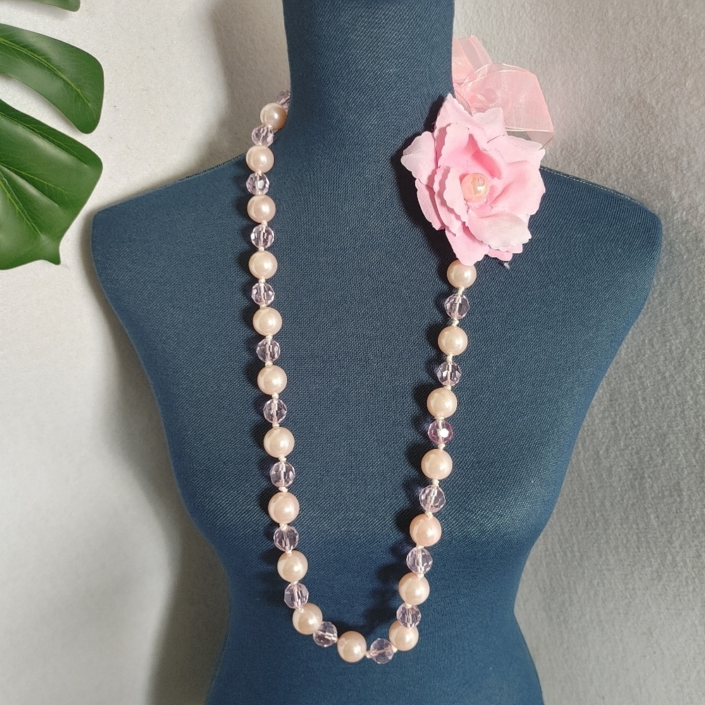 Unique Pink Crystal and Faux Pearl Ribbon Necklace